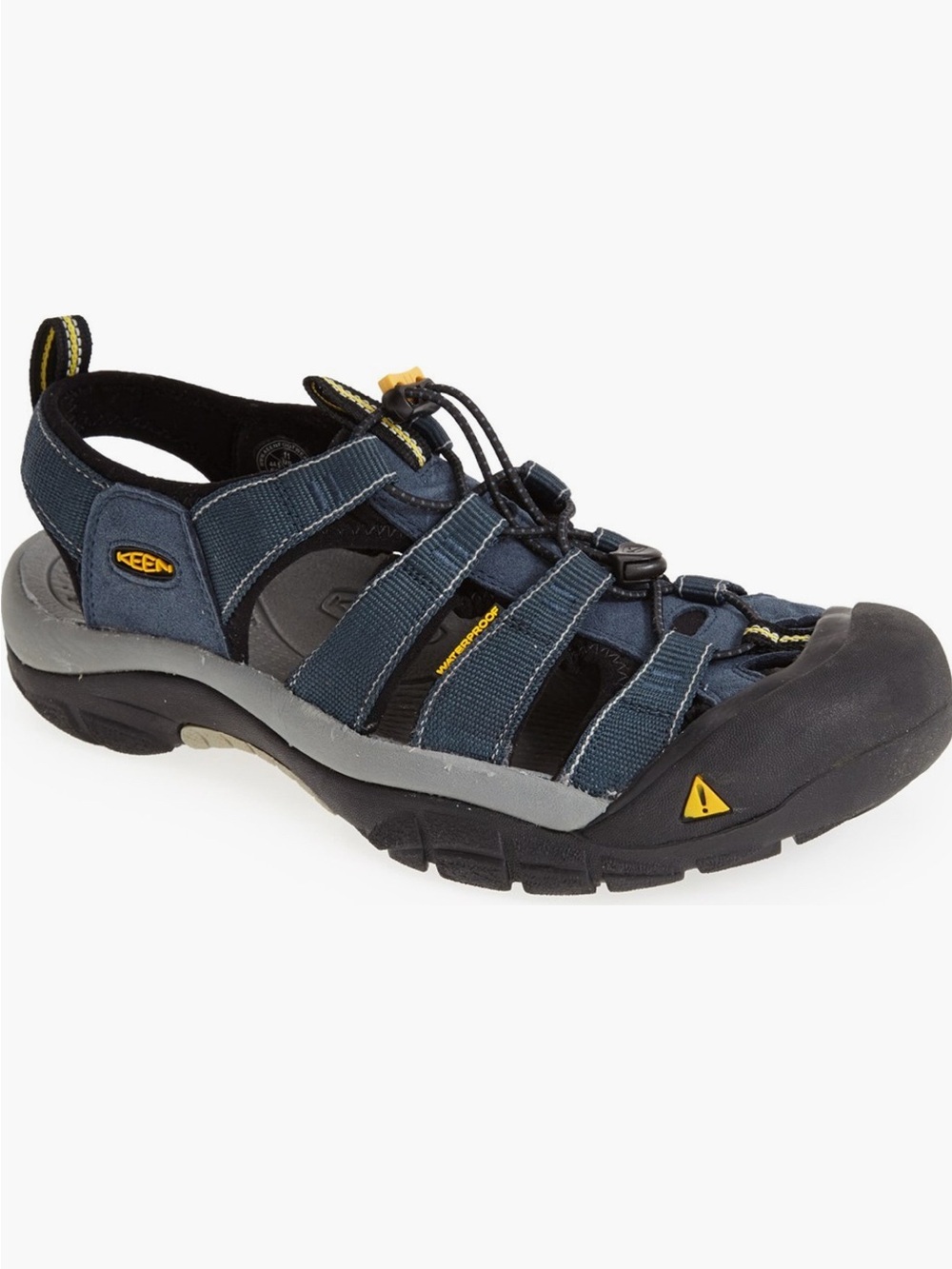 Keen Men's Closed-Toe Outdoor Sandal in Navy, Black & Yellow Accent. Newport H2
